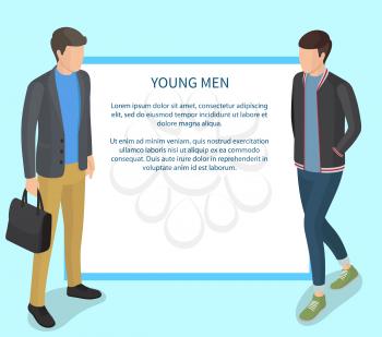Young men wearing casual clothing isolated vector illustration. Cartoon style guys carrying grey laptop and and in black jacket and jeans with text