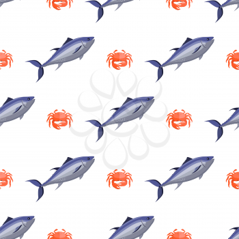 Fish and crab, seamless pattern, fish and crab, salmons and detailed representation of seafood, vector illustration, isolated on white background