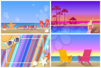 Summer compositions and landscapes banners. Beach in day and at sunset, pool and palms, striped blanket with summer sunglasses vector illustrations.