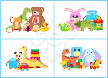 Toys for children collection, set of toys, teddy bear and bunny, robots and dinosaurs, car and duck, vector illustration isolated on white background