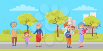 Happy grandparents senior couple walking with grandson holding boy and girl on hands on background of skyscrapers in city park vector illustration