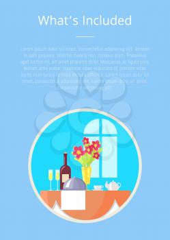 What s included template poster with boarding hotel service round symbol and text information above vector flat colorful illustration