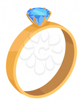 Golden ring with blue diamond icon. Wedding ring with precious gemstome flat vector illustration isolated on white background