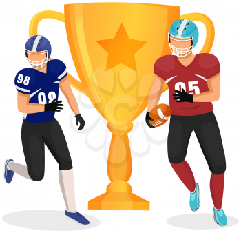 Running american football players cartoon vector sports characters in uniforms and helmets. Game competition and rivalry on field. Professional athletes exercising before championship match at stadium