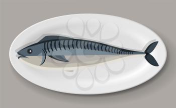 Crucian carp, mackerel, dish on plate. Cooking river fishes concept. Crucian carp, mackerel with fins, tail and scales. Preparing river fish products. Fish dish on plate isolated on white background