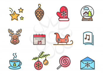 Christmas icons colorful set, icons of stars and mitten with snowflake pattern, reindeer and sleigh, letter and cup of hot drink vector illustration