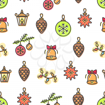 Christmas pattern, poster with toys and bells with snowflake print, bell and red bow, candle vector illustration isolated on white background
