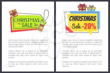 Christmas sale -20 off, set of banners with informational text and stickers made up of shapes, titles and icons of presents, bell vector illustration