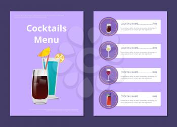 Cocktail menu advertisement poster with closeup of whiskey cola and blue lagoon, vector illustration of drinks ingredients, types and price on purple