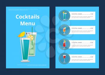 Cocktail menu advertisement poster with closeup of mojito and blue lagoon drinks vector illustration of beverages ingredients, types and prices