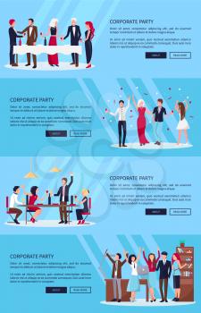 Corporate party set of three pictures with co-workers celebrating success together in office, with wine and confetti on vector illustration