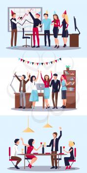 Set of pictures representing people in process of celebrating their business success in office with table, computer and whiteboard vector illustration