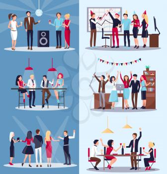 Corporate party, set of pictures depicting people celebrating important event of company, disco and club and office atmosphere vector illustration