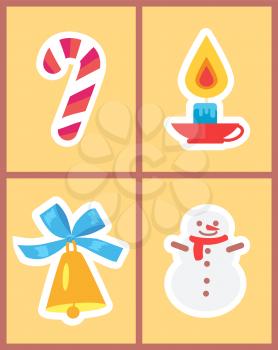 Wintertime holidays icons isolated on light background. Vector illustration with illuminating candle, shiny golden bell with blue bow and lollipop