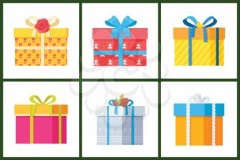 Packed holiday boxing with bows and ribbon decoration isolated on white in cartoon style. Set of gift box presents wrapped packages icons vector.