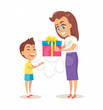 Mom greets adorable son with winter holidays vector postcard isolated on white background. Mother and child congratulation poster, happy family concept