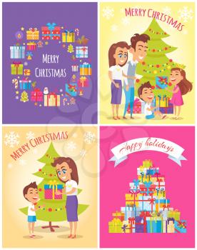 Merry Christmas Happy Holidays postcards mountains of presents, happy family near tree, mother and son, piles of gift boxes vector illustrations set