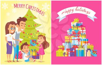Merry Christmas and happy birthday placards with ribbons and letterings, family beside decorated pine tree and presents with bows vector illustration