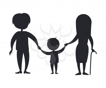 Happy grandparents senior couple walking with grandson holding hands on background vector colorless illustration black silhouettes