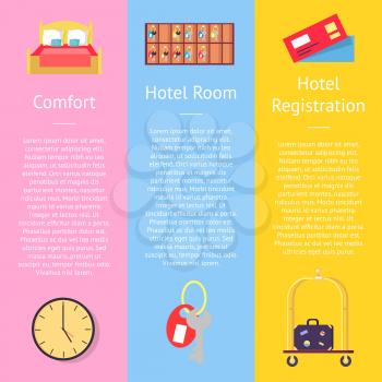 Comfort hotel registration card set of posters. Vector illustration of double bed, key shelf, clock and classic suitcase on luggage cart