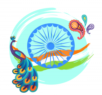 Independence Day holiday poster with Indian national flag, wheel silhouette and colorful peacock with thick tail vector illustration with three feathers