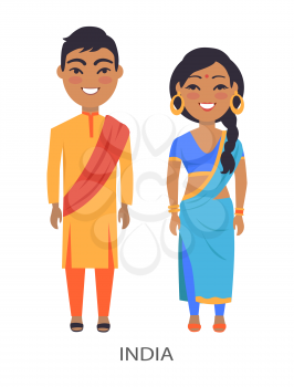India couple dressed in traditional clothes, woman wearing blue sari with jewelry, and man in yellow, on vector illustration isolated on white