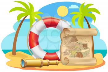 Sea adventures, summer trip and travel poster. Marine cruise and nautical travelling advertising placard with attributes of water travel spyglass, old map and lifebuoy on sandy shore with palm trees
