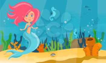 Underwater world of mermaid, fish and sea horses. Ocean floor with sand, corals, sea inhabitants and algae. Girl with fish tail and long pink hair. Wild nature of marine life, water nymph, cute nixie