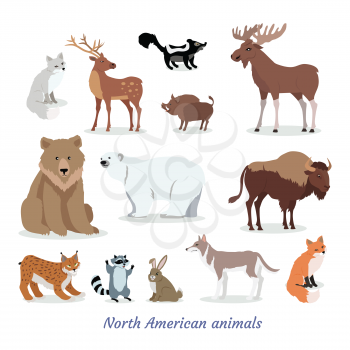 North American animals cartoon set. Deer, moose, fox, wild boar, bison, wolf, raccoon, hare, lynx, skunk flat vectors isolated on white background. North America fauna species collection