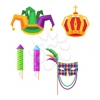 Mardi gras carnival attributes icons set. Colombina mask, kings crown, jester hat and fireworks rockets isolated flat vectors. Masquerade clothing illustration for costumed party, festival invitation