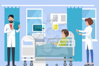 Patients check up at doctor, nurse with syringe and smiling woman, monitors and curtains, equipments around them, on vector illustration