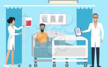 Patient in hospital room with doctor monitoring his health and nurse caring for him, curtains and comfortable bed on vector illustration