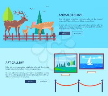 Animal reserve and art gallery template vector web banner in graphic design with deers family outdoors and pictures in museum and texts