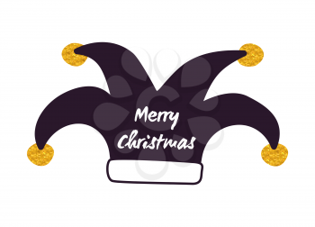 Merry Christmas joker hat icon isolated on white background. Vector illustration with black cap with congratulation and four golden spherical buboes