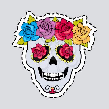 Human skull and flower wreath. Cut it out. Illustration of isolated cranium decorated with blossoms. Colourful roses with leaves. Flowers instead of eyes. Cartoon design. Patch. Flat style. Vector