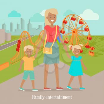Family entertainment banner. Woman and two children walking in park. Female with adorable son and daughter. Happy childhood concept in flat style design. Vector illustration. People society