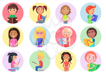 Color icons with reading boys and girls on white background vector illustration. Smiling and enthusiastic children hold textbooks