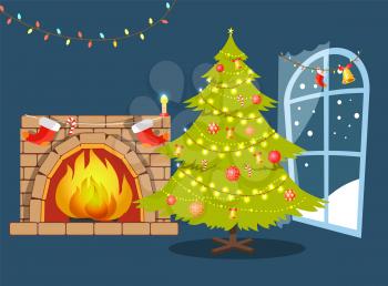 Christmas evergreen tree decorated with garlands and baubles, bells and candies, and fireplace with socks, window and snow vector illustration