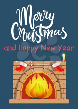 Merry Christmas and happy New Year fireplace made of bricks with flame, red socks and candle with light, headline and image vector illustration