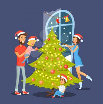 Family and Christmas tree, people decorating evergreen pine with balls and garlands, window and snow, bell and red sock, vector illustration