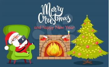 Merry Christmas interior poster, room with pine tree decorated with balls, fireplace with socks, sleeping Santa Claus with laptop vector illustration