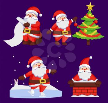 Santa Clauses set of icons. Saint Nicholas with wish list, Santy decorates tree, Father Christmas in chimney made of bricks, playing outdoors vector set