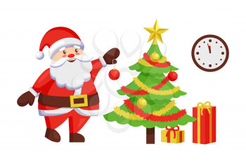 Santa Claus decorates New Year tree by hanging color ball. Christmas Father and winter holiday symbol, clock on wall and presents in gift boxes vector