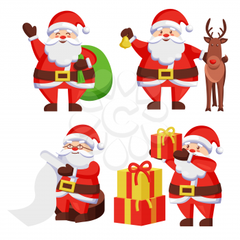 Santa Claus with presents icon isolated on white background. Vector illustration with happy man with colorful gift boxes in bag checking his list