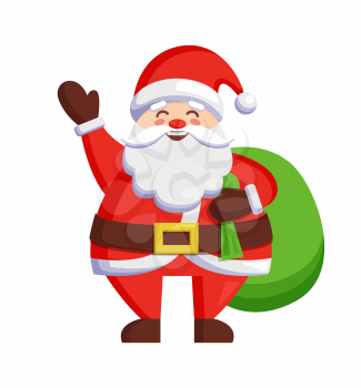 Santa Claus and bag with gifts icon isolated on white background. Vector illustration with St. Nicholas holding huge green bag full of Christmas presents