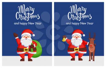 Merry Christmas and Happy New Year posters with Santa Claus waving hand holding bag and reindeer walking outdoors. Vector man with gold bell and deer