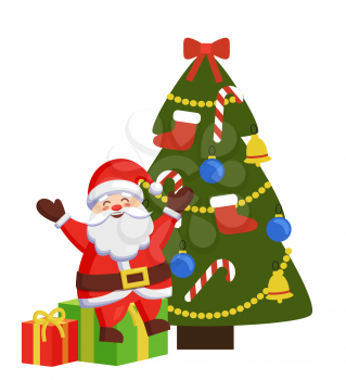 Happy Santa sitting on gift boxes near decorated Xmas tree vector illustration poster with Christmas Father and winter holiday symbols isolated