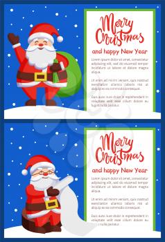 Merry Xmas and Happy New Year postcard Santa Claus reading wishlist sitting on wooden stump, Father Christmas with bag wave hand vector poster on snow