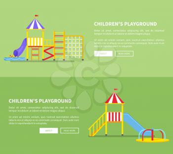 Childrens playground set of posters with text, colorful slides with ladders for kids play vector illustrations isolated on green background