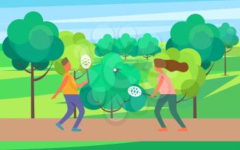 Man and woman playing badminton in summertime park. Vector illustration of people playing active game in garden among green trees and grass